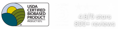 USDA Certified Biobased Product 95%, Certified B Corporation, 4.8/5 stars from 800+ reviews — Orba Ghost plant-based sneakers.